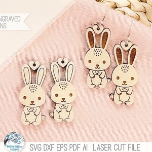 File SVG per orecchini a forma di coniglietto pasquale per taglierina laser, orecchini pendenti a forma di animale primaverile carino, gioielli artigianali in legno con punteggio di coniglio bambino Glowforge, xTool