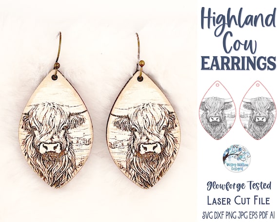 Highland Cow Earring SVG File for Glowforge and Laser Cutter, Rustic Farmhouse Earrings, Animal Wood Earring SVG File, Cow Dangle Earrings