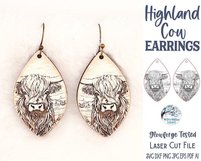 May include: A pair of wooden earrings featuring a laser-cut design of a Highland cow's head. The earrings are shaped like teardrops and have a brown wood finish. The design is detailed and realistic, with the cow's fur, eyes, and nose clearly visible. The earrings are labeled "Highland Cow Earrings" and "Glowforge Tested Laser Cut File".