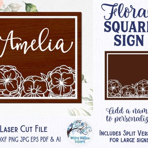 Letrero floral cuadrado para Glowforge o cortadora láser, letrero floral SVG, flores, letrero para guardería, marco cuadrado con flores, letrero con flores, AI