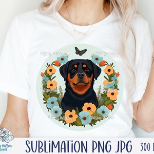 Rottweiler Dog Sublimation Png, Floral Rottie JPG, Dog Face with Spring Flowers and Butterfly, Cute Happy Puppy Clip Art Drawing
