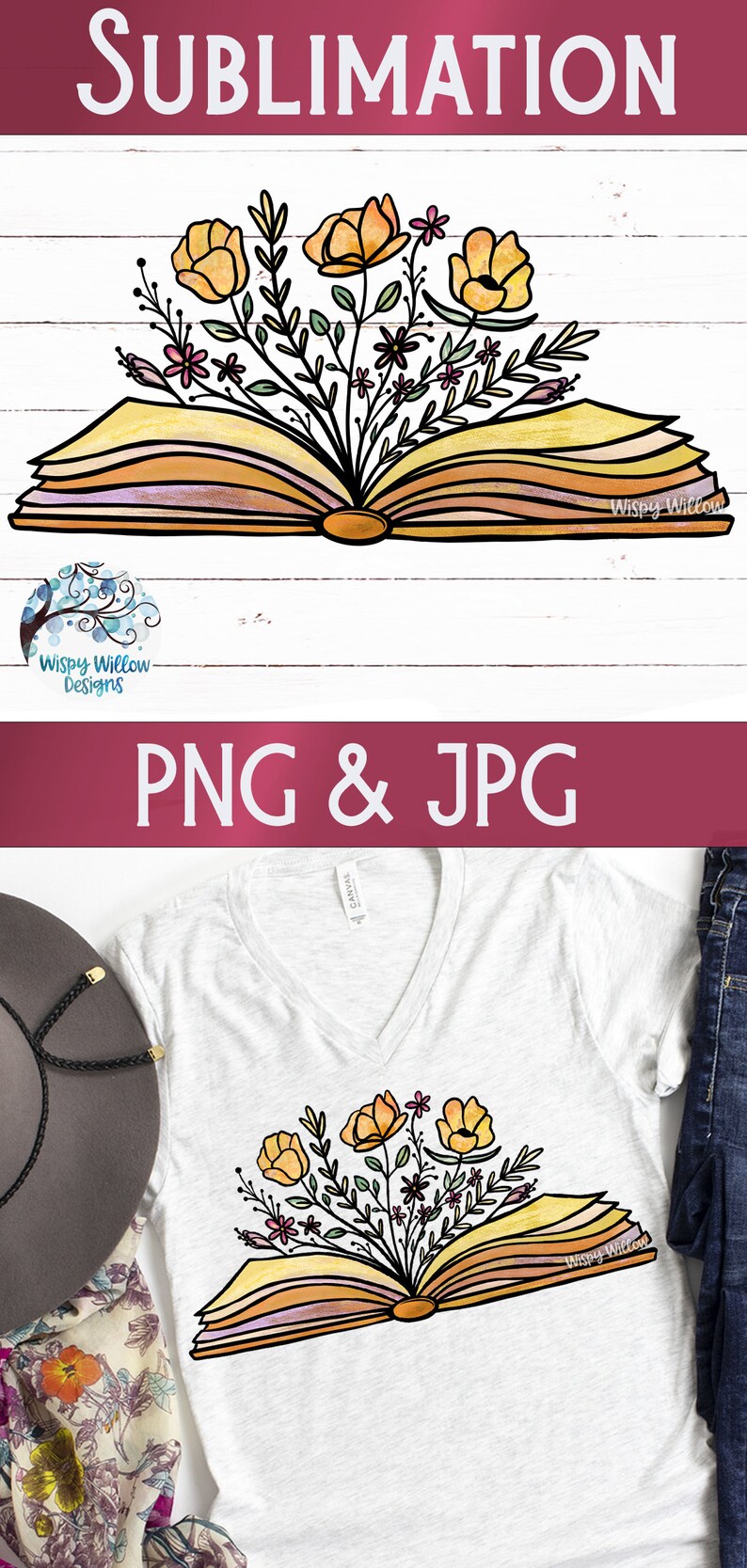 Op de afbeelding: Een sublimatieontwerp met een open boek met gele, oranje en roze bloemen die uit de pagina's groeien. Het ontwerp is op een witte achtergrond met de tekst "Wispy Willow Designs" in de linkerbenedenhoek.