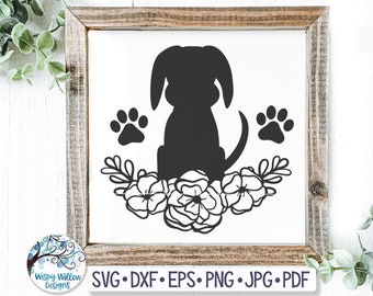 Hund med blommor SVG, blommig hund Svg, hund och blommor, flickahund, hundvinyldekal, söt hund Svg, hundskylt Svg, hundsilhuett, blommor hund