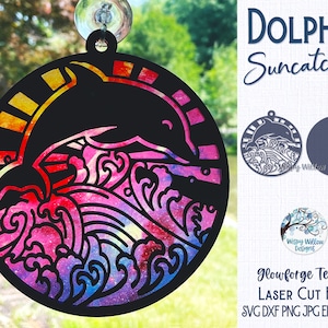 Delfin Suncatcher für Glowforge oder Laser Cutter SVG, Sommer Strand Tier Sun Catcher SVG, Delfine mit Wellen, Nautical Ornament File, AI