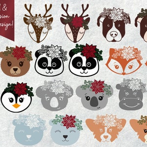 Bundle Noël animal SVG, animaux de Noël avec des fleurs, animaux de l'hiver, renne de Noël, renard, panda, ours polaire, hippopotame, pingouin, PNG