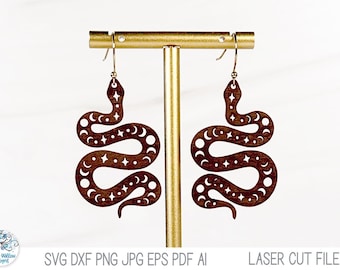 Snake Earring File SVG for Laser Cutter, Mystical Witchy Celestial Halloween Earring, Boho Wood Laser Cut Jewelry Design, Glowforge Xtool