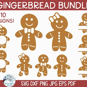 Może przedstawiać: Kolekcja wzorów ludzików z piernika w różnych stylach. Obraz przedstawia ludziki z piernika z muszkami, kokardkami i guzikami. Tekst "GINGERBREAD BUNDLE" i "10 DESIGNS!" znajdują się na górze. Formaty plików to SVG, DXF, PNG, JPG, EPS i PDF.
