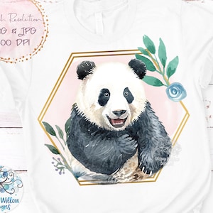 May include: A watercolor illustration of a panda bear with black and white fur, smiling, inside a gold hexagonal frame with pink and white background. The frame is surrounded by green leaves and blue flowers.