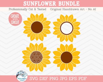 Sunflower SVG Bundle for Cricut, Sunflower Silhouette, Monogram Frame, Pretty Flower Clipart PNG JPG, Vinyl Decal Cut File Download