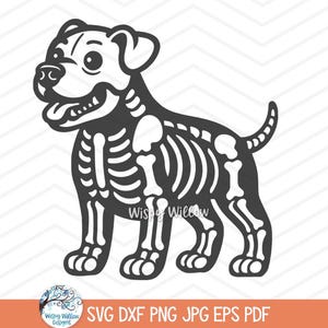 May include: A black and white graphic illustration of a dog with a visible skeletal structure. The design features the text Wispy Willow in a script font on the dog's body and the text Wispy Willow Designs in a circular logo at the bottom left.