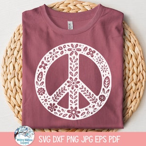 Fleur signe de la paix SVG pour Cricut, Boho fleurs sauvages, Doodles hippie plante chemise Design PNG, botanique, symbole de la paix couper fichier, Sublimation JPG,