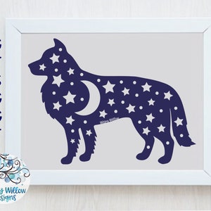 Bordercollie hond met maan en sterren SVG, hond met sterren, hond ster stickerbestand, hond nachtelijke hemel SVG, hond stickerbestand, border collie SVG