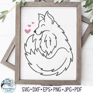 Fox SVG, Cute Fox SVG, Fox with Hearts Outline Drawing Svg, Fox Illustration, Full Body Fox Svg, Png, Jpg, Dxf, Vinyl Decal File for Cricut