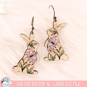 File SVG per orecchini a forma di coniglietto pasquale per taglierina laser, orecchini pendenti incisi a forma di coniglio primaverile floreale, orecchini a forma di coniglietto floreale, Glowforge, xTool