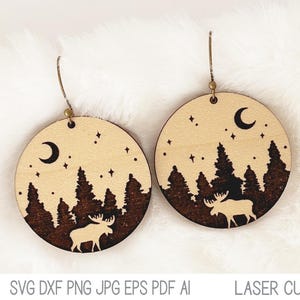 Moose Earring SVG File for Glowforge or Laser Cutter, Elk on Mountain Earrings, Outdoor, Camping, Animal Engraved Wood Jewelry, Xtool