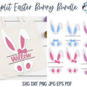 Peut inclure: Un lot de designs numériques représentant un lapin de Pâques divisé. Le design comprend un lapin avec des oreilles roses, un nœud et un espace pour un nom. Le design est disponible en plusieurs couleurs, dont le bleu, le rose et le violet. Le design est parfait pour créer des objets artisanaux de Pâques personnalisés.