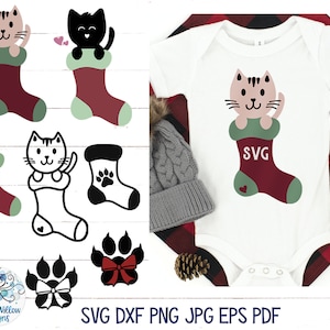 May include: A digital design featuring a cat in a Christmas stocking. The design includes a variety of elements, such as a cat paw print, a cat in a stocking, and a cat with a bow. The design is perfect for creating personalised Christmas gifts or decorations.