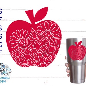 May include: A red apple graphic with intricate floral and geometric patterns, accompanied by the text SVG, DXF, EPS, PNG, JPG, PDF. A stainless steel tumbler features the same red apple design on its side, showcasing the pattern on a metallic surface.