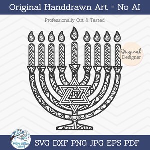May include: A black and white line art illustration of a Hanukkah menorah featuring intricate patterns within the candles and base, with a Star of David at the center. The text reads Original Handdrawn Art - No AI, Professionally Cut & Tested, Original Designer, Wispy Willow Designs, and SVG DXF PNG JPG EPS PDF.
