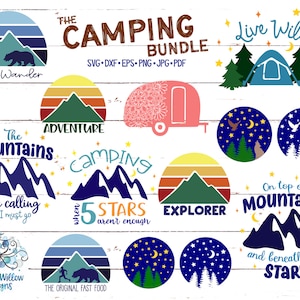 Paquete SVG de camping para Cricut, SVG de camping, Svg de montañas, archivo de corte de verano, PNG de camiseta de aventura al aire libre, archivo de calcomanía de vinilo, paquete de camping