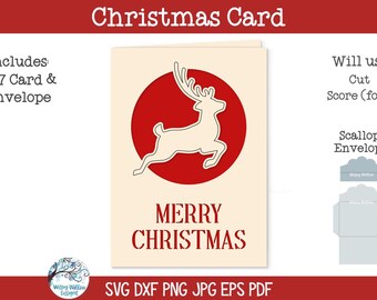 Merry Christmas Reindeer Card SVG File for Cricut, Reindeer Silhouette, Winter Holiday Cardstock Greeting Card with Envelope