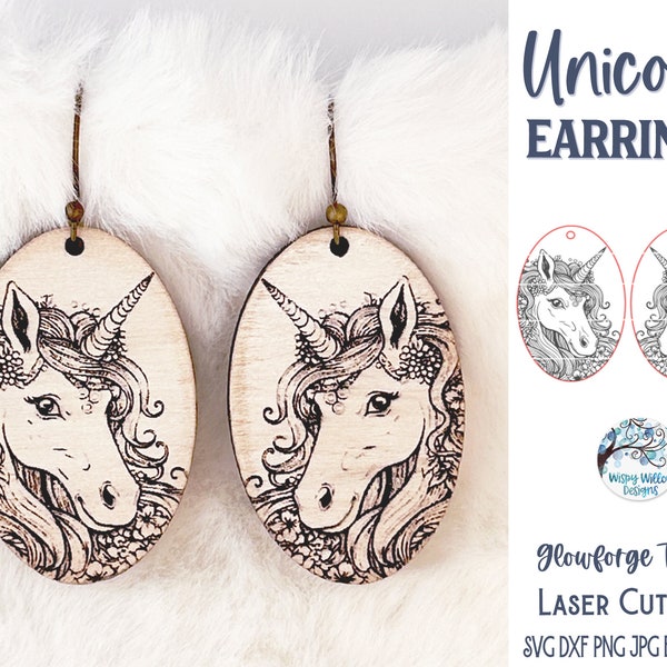 Unicorn Earrings SVG File for Glowforge or Laser Cutter, Fantasy Animal Jewelry, Pretty  Engraved Unicorn Face Wood Earring SVG, AI Download