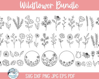 Pacchetto SVG di fiori selvatici per Cricut, disegni di doodle di piante botaniche floreali PNG JPG, margherite, tulipani, rose, fiori primaverili, file di taglio decalcomanie