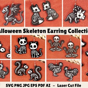May include: A collection of 10 pairs of Halloween skeleton earrings. The earrings feature various designs, including a dinosaur, cat, dog, fox, chicken, and a skeleton in a yoga pose. The earrings are laser cut and come in black and white.