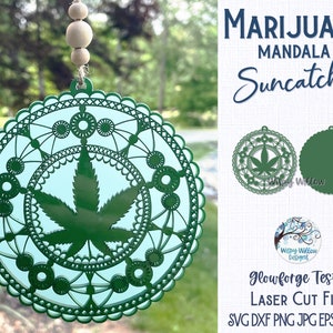 May include: Green marijuana leaf mandala suncatcher with a delicate lace design. Glowforge tested laser cut file. SVG DXF PNG JPG EPS PDF AI.