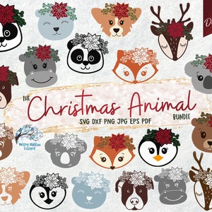 Bundle Noël animal SVG, animaux de Noël avec des fleurs, animaux de l'hiver, renne de Noël, renard, panda, ours polaire, hippopotame, pingouin, PNG