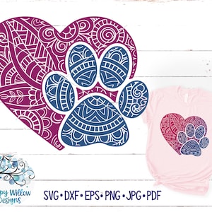 Paw Print Zentangle SVG, Paw Print Mandala SVG, Paw Print in hart Svgs, DXF, png, eps, jpeg, digitale download, kat, bloemen, dier, hond Svg
