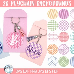 May include: Three circular keychains with metal rings and tassels attached to pastel cardstock holders. The keychains feature patterns and names including Emily, B, and Nora. To the right are twenty circular pattern backgrounds in various colors.