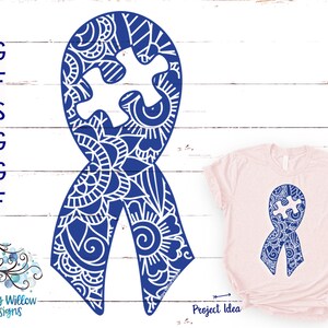 Autism Ribbon Mandala SVG for Cricut, Pretty Autism Mandala Ribbon with Flowers, Floral Awareness Ribbon with Puzzle Piece, Vinyl Decal File