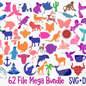 Pacchetto SVG Mandala animali per Cricut, 62 Clipart Zentangle animali DXF, Silhouette animali floreali, Zoo, Unicorno, Sirena, Balena, Tartaruga