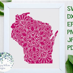 Wisconsin SVG, Mandala svg, DXF pdf png Digital Download File, Floral, WI svg, flower, Boho, Cricut, Silhouette, Cut File, Decal, State
