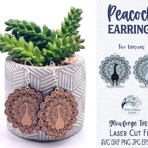 Påfågelörhänge SVG AI-fil för laserskärare, fågeldjursträsmyckesdesign, xTool, Glowforge bild 3