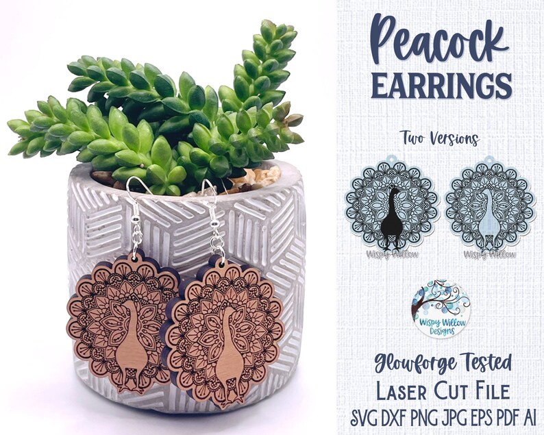 Påfågelörhänge SVG AI-fil för laserskärare, fågeldjursträsmyckesdesign, xTool, Glowforge bild 3