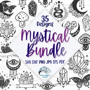 Mystical SVG Bundle, 35 Witchy Magical Cut Files for Cricut, Celestial Crystals, Magical Mushrooms, Third Eyes, Boho Moon Butterflies PNG