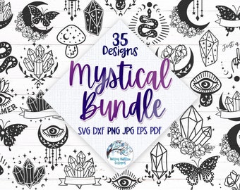 May include: A digital collection of 35 black and white graphic designs titled Mystical Bundle, featuring illustrations of butterflies, crystals, moons, snakes, mushrooms, and eyes, with file formats SVG, DXF, PNG, JPG, EPS, and PDF listed.