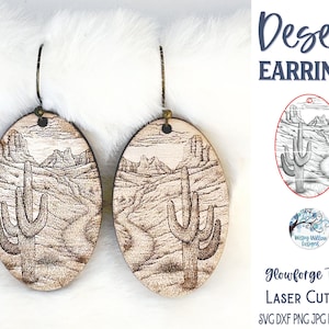 Archivo SVG de aretes de desierto para Glowforge o cortador láser, escena de Arizona, joyas grabadas con cactus, aretes de playa de verano, archivo de descarga digital