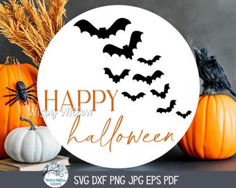 Happy Halloween Round Sign SVG for Cricut, Fall Welcome Sign, Spooky Bat Door Hanger PNG, Trick or Treat Porch Sign Printable JPG File