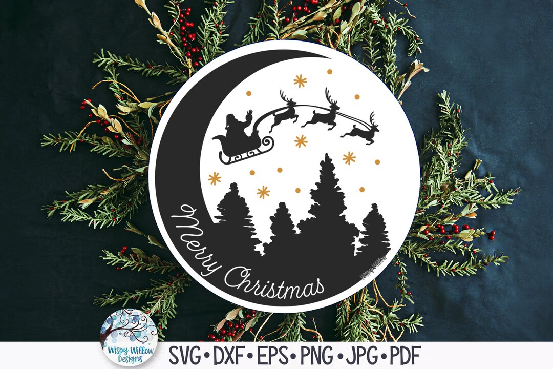 Merry Christmas SVG for Cricut, Santa Sleigh and Reindeer Over Forest ...