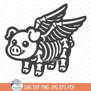 Esqueleto de cerdo volador SVG para Cricut, esqueleto de animal divertido mítico, huesos, clipart JPG, cerdo de Halloween de otoño, lindo diseño de animal divertido PNG