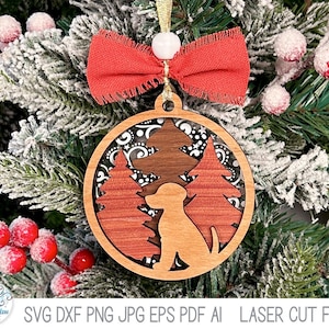 Hund Weihnachtsschmuck SVG-Datei für Laserschneider, Layered Welpe Wald Winter Urlaub Runde Verzierung, Haustier Tier Im Freien, Glowforge, xTool