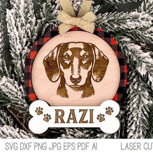 Dachshund Weiner Dog Christmas Ornament SVG File for Laser Cutter, Personalized Pet Gift, Dog Bone Holiday Engraving File, Glowforge, Xtool