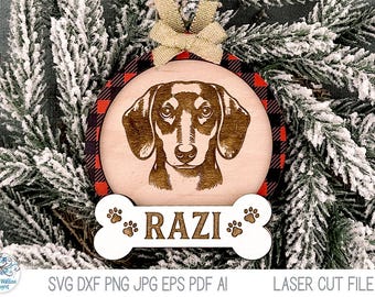 Dachshund Weiner Dog Christmas Ornament SVG File for Laser Cutter, Personalized Pet Gift, Dog Bone Holiday Engraving File, Glowforge, Xtool