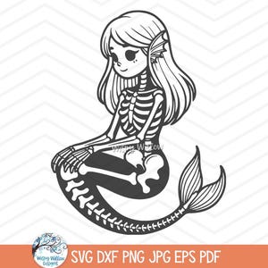 May include: A black and white illustration of a skeleton mermaid with long hair and a tail. The mermaid is sitting with her legs crossed and her hands on her lap.
