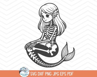Mermaid Skeleton SVG for Cricut, Girl Skeleton Bones Clipart JPG, Fall Halloween Magical Creature PNG, Cute Funny Halloween Beach Design