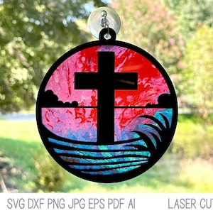 Cross Suncatcher for Laser Cutter SVG, Christian Cross on Lake Water Sun Catcher File for Xtool, Glowforge, Jesus Ornament, AI DXF Cut File