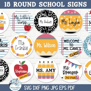 Paquete SVG de letreros escolares redondos para Cricut, Letrero personalizado para puerta de profesor PNG, Regreso a la escuela, Archivo JPG de sublimación de colgador de puerta de bienvenida